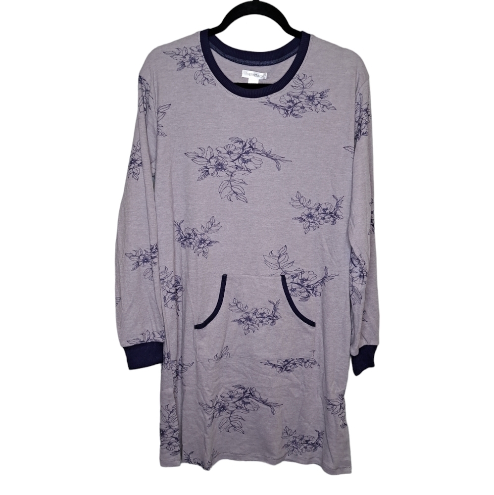 Comfort & Co • Charcoal & Navy Floral Lounge Dress •Kanga Pocket• Medium • NWT •